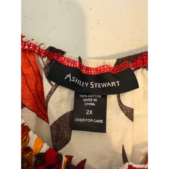 Ashley‎ Stewart 2X Tunic Top Red Floral Tie Neck Short Sleeve Blouse Fall Boho - Picture 5 of 8